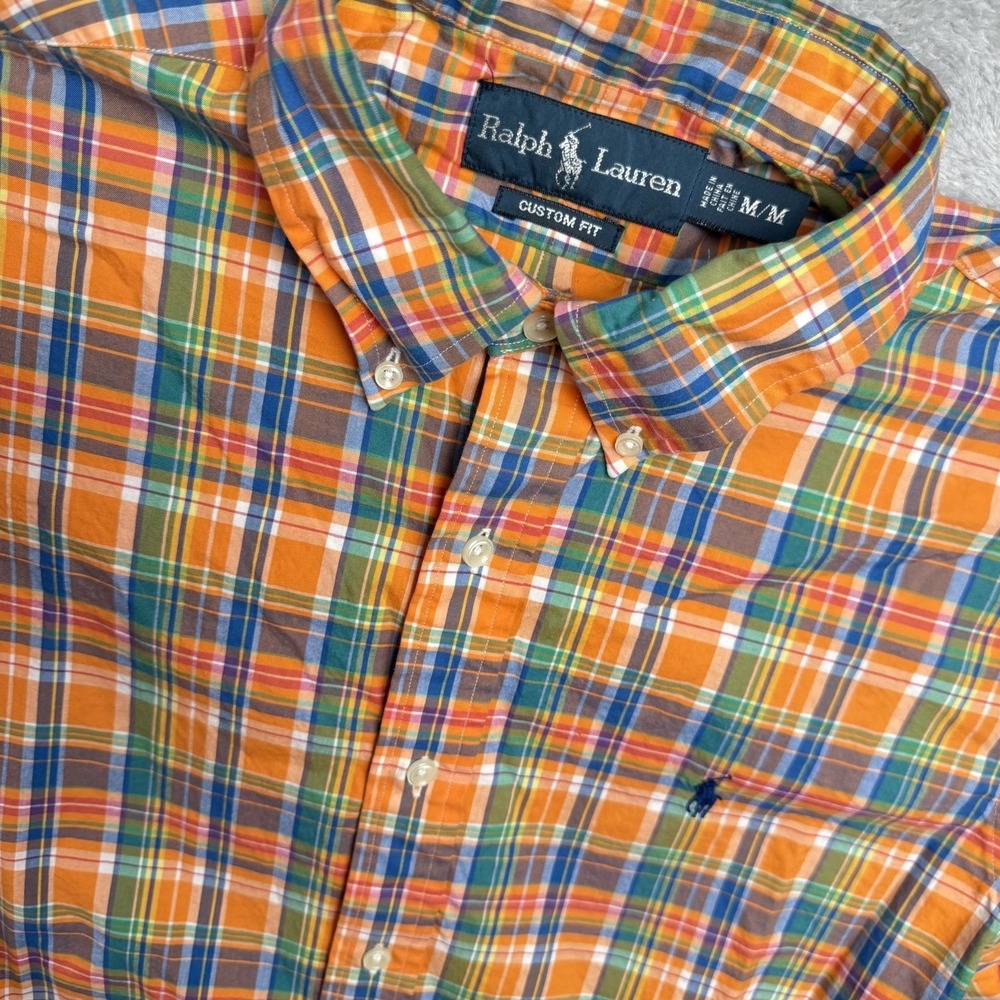Ralph Lauren Shirt Mens M Orange Plaid Custom Fit Button Up Pony Preppy Casual